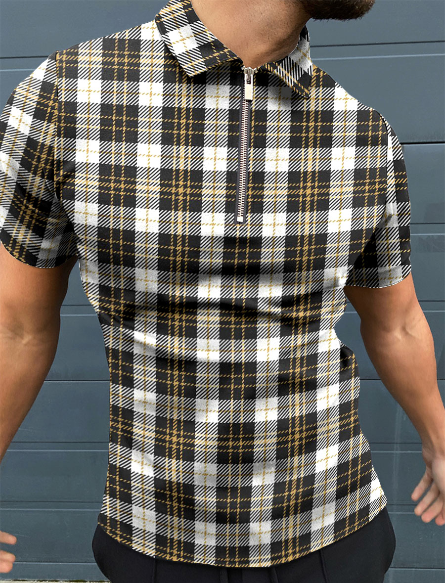 Checkered casual zipper polo shirt HF2903-04-01