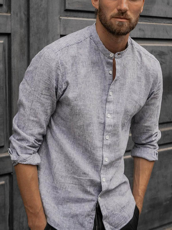 Men's loose sleeve cotton and linen shirt with stand collar HF0902-03-01